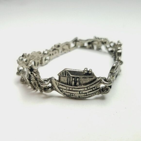 Vintage Noahs Arc Charm Bracelet, Silver Tone Metal LInks Biblical Story Classic - Picture 5 of 6